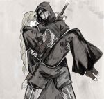  1boy 1girl armor ashen_one_(dark_souls_3) bandages blindfold blonde_hair cape capelet carrying cloak closed_mouth covered_eyes dark_souls_(series) dark_souls_iii dress fire_keeper highres hood jewelry long_hair mask necklace princess_carry smile sword weapon yourfreakyneighbourh 