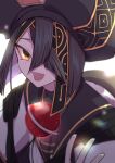  1girl backlighting black_hair black_headwear breasts bridal_gauntlets brown_eyes chikage_(blackclownery) chinese_clothes fate/grand_order fate_(series) hair_over_one_eye hat highres long_sleeves looking_at_viewer mole mole_under_eye open_mouth short_hair small_breasts smile solo space_xu_fu_(fate) white_robe xu_fu_(fate) 
