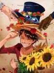  ^_^ avenoirn black_hair bracelet closed_eyes eyewear_on_headwear flower gloves grin happy_birthday hat head_wreath highres holding holding_flower jewelry male_focus monkey_d._luffy one_piece out_of_frame petals portgas_d._ace rose sabo_(one_piece) smile solo_focus sunflower 