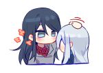  2girls bangs black_hair blush chibi collared_shirt cropped_torso ear_blush facing_away flower grey_eyes hand_on_another&#039;s_head headpat height_difference hoshino_ichika_(project_sekai) light_blush long_hair motion_lines multiple_girls no_mouth no_nose orange_flower plaid plaid_shirt profile project_sekai red_shirt shirt silver_hair simple_background swept_bangs tsurime white_background ximuye yoisaki_kanade 