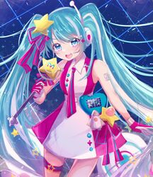  1girl :d absurdres aqua_eyes aqua_hair dress gloves hair_ornament hatsune_miku heart highres holding holding_wand magical_mirai_(vocaloid) multicolored_eyes pink_dress pink_eyes ribbon sleeveless smile solo star_(symbol) star_hair_ornament tsukizuumi twintails vocaloid wand 