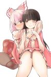  2girls ;) bangs black_hair blunt_bangs blush bow embarrassed eyebrows_visible_through_hair feet_out_of_frame fujiwara_no_mokou ginnkei hair_bow highres houraisan_kaguya hug hug_from_behind knees_together_feet_apart long_hair long_sleeves looking_at_another looking_to_the_side multiple_girls one_eye_closed red_eyes shirt simple_background sitting smile touhou very_long_hair white_background yuri 