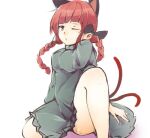  1girl ;/ animal_ears arm_support bangs blunt_bangs braid cat_ears cat_tail dress extra_ears feet_out_of_frame ginnkei kaenbyou_rin knee_up multiple_tails one_eye_closed red_eyes redhead simple_background tail touhou twin_braids white_background 