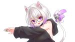  1girl absurdres animal_ear_fluff animal_ears bare_shoulders bell black_coat blush bow breasts cat_ears cat_girl cat_tail coat commentary commission fang glasses gradient_hair highres indie_virtual_youtuber long_sleeves looking_at_viewer mahjong mahjong_tile medium_breasts medium_hair multicolored_hair null_maru purple_bow purple_hair satou_namu_(vtuber) silver_hair simple_background skeb_commission smile solo tail violet_eyes virtual_youtuber white_background white_bow 