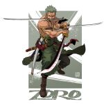  1boy armband artist_logo artist_name black_eyes black_pants boots brown_footwear character_name clothes_around_waist coat fighting_stance full_body furrowed_brow green_coat green_hair highres holding holding_sword holding_weapon looking_at_viewer making-of_available male_focus mouth_hold muscular muscular_male one_eye_closed one_piece paint_splatter pants red_sash reverse_grip roronoa_zoro sash scar scar_across_eye scar_on_chest sheath short_hair solo sword toggles topless_male triple_wielding weapon yungun 