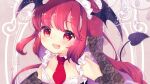  1girl :d alternate_costume aogiri_sei blush breasts demon_tail demon_wings enmaided gloves happy head_wings koakuma long_hair looking_at_viewer maid necktie open_mouth red_eyes red_neckwear redhead smile solo tail touhou wings 
