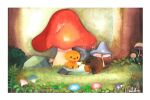  bird border buku_(bunnbuk) chick cup holding holding_cup mole mushroom no_humans original outdoors tea teacup water_drop 