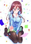  1girl absurdres bangs between_legs black_legwear blue_cardigan blue_eyes blush brown_hair cardigan closed_mouth collared_shirt confetti dress_shirt floating_hair full_body go-toubun_no_hanayome green_skirt hair_between_eyes hand_between_legs headphones headphones_around_neck highres kneeling long_hair long_sleeves looking_at_viewer miniskirt nakano_miku pantyhose pleated_skirt school_uniform shiny shiny_clothes shiny_hair shiny_legwear shirt skirt solo straight_hair white_background white_shirt wing_collar yro_(user_hwfa3732) 