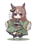  1girl animal_ears black_legwear blush boots braid brown_eyes brown_hair chibi colored_shadow commentary_request full_body green_jacket green_skirt highres horse_ears jacket long_hair long_sleeves multicolored_hair nozo_(hitomiz) parted_lips pleated_skirt satono_diamond_(umamusume) shadow shirt skirt sleeves_past_fingers sleeves_past_wrists solo standing thigh-highs thighhighs_under_boots two-tone_hair umamusume very_long_hair white_background white_footwear white_shirt wide_sleeves 