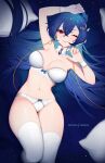  1girl artist_name blue_hair bra breasts choker cloud9 commentary commission dragon_girl dragon_horns english_commentary eyebrows_visible_through_hair hair_between_eyes highres horns large_breasts long_hair lying nanoless navel on_back one_eye_closed panties patreon_username pillow red_eyes smile solo thigh-highs underwear very_long_hair vienna_(vtuber) virtual_youtuber watermark 