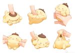  1other :3 animal_focus belly_poke beret blush brown_headwear cheek_pull dog ear_pull fingernails hat pompompurin ryota_(ry_o_ta) sanrio simple_background solid_circle_eyes squishing white_background 