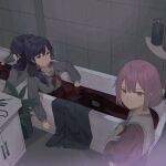  2girls absurdres asahina_mafuyu bath bath_of_blood bathroom bathtub blood expressionless highres indoors jacket long_hair multiple_girls ootori_emu pink_eyes pink_hair plant project_sekai purple_hair re_kyu school_uniform short_hair smile 