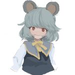  1girl animal_ears bangs capelet cropped_torso dress eyebrows_visible_through_hair grey_dress grey_hair jewelry long_sleeves looking_at_viewer mouse_ears nazrin red_eyes shirt short_hair simple_background smile solo to_finally touhou upper_body vest white_background white_shirt 