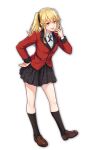  1girl artist_request black_ribbon blonde_hair bolo_tie brown_footwear collared_shirt eyebrows_visible_through_hair formal game_cg hand_on_hip holding houndstooth hyakkaou_academy_uniform jacket kakegurui looking_at_viewer mahjong mahjong_soul official_art open_mouth red_jacket red_suit ribbon saotome_meari shirt simple_background suit tenbou third-party_source transparent_background twintails white_shirt yellow_eyes yostar 