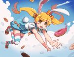  1girl :d animal_ears bangs blonde_hair blush_stickers bow clouds doughnut falling fangs flower food hair_flower hair_ornament highres long_hair looking_at_viewer monogatari_(series) necktie nifffi open_mouth oshino_shinobu polka_dot pumpkin_pants rabbit_ears rabbit_tail ricman_rt shirt short_sleeves sky smile solo striped striped_legwear tail thigh-highs twintails 