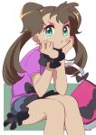  1girl 34_(sanjushi) brown_hair closed_mouth dark-skinned_female dark_skin green_eyes highres long_hair looking_at_viewer one-hour_drawing_challenge pokemon pokemon_(game) pokemon_xy pout quad_tails shauna_(pokemon) shorts solo twintails 