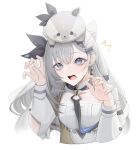  1girl absurdres bangs breasts earrings eyebrows_visible_through_hair grey_eyes grey_hair hair_ribbon highres hololive hololive_indonesia jewelry kashiko_(kshiko1) lock long_hair open_mouth ribbon simple_background small_breasts solo teeth vestia_zeta virtual_youtuber white_background 