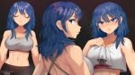  1girl abs artist_name back blue_eyes blue_hair breasts byleth_(fire_emblem) byleth_eisner_(female) chocojax closed_eyes commentary english_commentary eyebrows_visible_through_hair fire_emblem fire_emblem:_three_houses hair_between_eyes highres large_breasts looking_at_viewer medium_hair navel parted_lips patreon_logo solo sports_bra sweat teeth twitch_logo twitter_logo upper_body watermark 