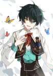  1boy ahoge androgynous aqua_eyes black_hair bug butterfly eyebrows_visible_through_hair hair_between_eyes heterochromia highres looking_at_viewer male_focus necktie open_mouth original red_necktie smile solo tongzhiz white_background yellow_eyes 