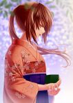  1girl ayase_chihaya bangs blurry blurry_background brown_hair card chihayafuru closed_eyes floating_hair floral_print from_side hair_between_eyes hakama high-waist_skirt highres holding holding_card japanese_clothes kimono koko_(koko3) long_hair open_mouth orange_kimono print_kimono purple_hakama skirt solo upper_body 