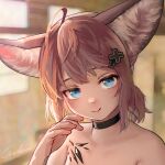  1girl animal_ears arknights armpit_crease black_choker brown_hair choker fox_ears hair_ornament hairclip hand_up highres indoors long_hair looking_at_viewer nude oripathy_lesion_(arknights) portrait short_hair signature smile solo sussurro_(arknights) welt_(kinsei_koutenkyoku) x_hair_ornament 