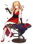  1girl artist_request black_gloves blonde_hair dress elbow_gloves eyebrows_visible_through_hair flower game_cg glass_table gloves gold_coin high_heels jewelry kakegurui lips looking_at_viewer mahjong mahjong_soul mahjong_tile necklace official_art petals red_dress red_flower red_footwear red_ribbon red_rose ribbon rose saotome_meari simple_background sitting sitting_on_table smile table tablecloth tassel third-party_source transparent_background twintails yostar 