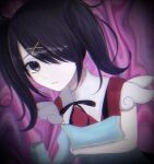  abstract_background ame-chan_(needy_girl_overdose) black_hair chromatic_aberration frown hair_ornament hair_over_eyes highres long_sleeves looking_at_viewer munashi needy_girl_overdose noise pillow suspenders violet_eyes x_hair_ornament 