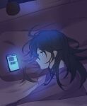  1girl bed bed_sheet black_hair blue_eyes cellphone closed_mouth eyebrows_visible_through_hair eyes_visible_through_hair from_above furrowed_brow glowing highres hoshino_ichika_(project_sekai) indoors long_hair looking_afar lying messy_hair nape on_bed on_side pajamas phone phone_screen pillow profile project_sekai sad smartphone solo tearing_up under_covers ximuye 