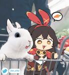  1girl :3 amber_(genshin_impact) brown_eyes brown_gloves brown_hair carrot chibi genshin_impact gloves hairband highres long_hair looking_away ooyun photo_background rabbit solo speech_bubble spoken_food twitter_username 