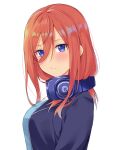  1girl bangs blue_eyes blue_jacket blue_sweater closed_mouth comic_lo eyebrows_visible_through_hair from_side go-toubun_no_hanayome hair_between_eyes headphones headphones_around_neck highres hofumaso jacket long_hair looking_at_viewer nakano_miku open_clothes open_jacket redhead shiny shiny_hair simple_background solo straight_hair sweater upper_body white_background 