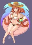  1girl arm_up artist_logo barefoot bikini celica_(fire_emblem) choker cup earrings fire_emblem fire_emblem_echoes:_shadows_of_valentia gold_choker gold_trim hat highres holding holding_cup jewelry orange_hair red_eyes redhead revolverwing seashell shell shell_earrings sitting straw_hat swimsuit 
