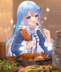  1girl blue_eyes blue_hair bread brick_wall commission cup eating food fork holding holding_food indoors long_hair long_sleeves meat messy original pizza restaurant salad serino_itsuki skeb_commission star_(symbol) wooden_table 