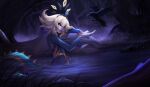  1girl animal bangs bird blue_lips crow deh_sofa flipped_hair forest grey_hair hair_between_eyes highres league_of_legends long_hair long_sleeves nature neeko_(league_of_legends) night orange_eyes outdoors slit_pupils smile solo spiked_tail tail tree water 