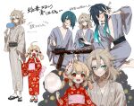  1girl 3boys albedo_(genshin_impact) androgynous black_hair blonde_hair blue_eyes blue_hair bob_cut brother_and_sister candy_apple child cotton_candy food genshin_impact highres japanese_clothes kimono klee_(genshin_impact) mask mask_on_head multicolored_hair multiple_boys otoko_no_ko red_eyes siblings ta_ma_on tattoo translation_request twintails venti_(genshin_impact) xingqiu_(genshin_impact) yellow_eyes 