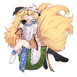  2girls black_footwear black_headwear blonde_hair blush boots closed_eyes closed_mouth commission dress english_commentary eyebrows_visible_through_hair fox_tail green_skirt grin hat heart highres holding_person imminent_kiss kitsune long_hair long_sleeves looking_at_another matara_okina multiple_girls multiple_tails nyong_nyong pillow_hat saliva saliva_trail short_hair simple_background skirt smile sweatdrop tabard tail touhou white_background white_dress white_footwear white_headwear wide_sleeves yakumo_ran yellow_eyes yuri 