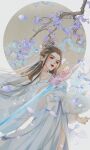  1girl absurdres black_hair branch dress earrings flower hair_bun hair_ornament highres jewelry lftwl_xiaoxue_qi long_hair lu_xueqi_(zhu_xian) sword weapon weibo_id white_dress zhu_xian 