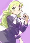  1girl 34_(sanjushi) ace_trainer_(pokemon) blonde_hair blush breasts closed_mouth dress frown green_eyes hair_ornament hairclip highres holding long_hair looking_at_viewer poke_ball pokemon pokemon_(game) pokemon_xy simple_background solo 