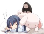  1girl akatsuki_(kancolle) bangs blue_hair closed_eyes closed_mouth commentary frown kakizaki_(chou_neji) kantai_collection long_hair on_bed pajamas simple_background sleeping sleepwear solo stuffed_animal stuffed_bunny stuffed_monkey stuffed_toy sweatdrop translated under_covers white_background 