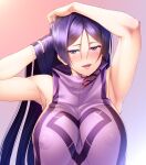  1girl 846-gou absurdres armpits bangs bare_shoulders blush breasts fate/grand_order fate_(series) highres large_breasts long_hair looking_at_viewer minamoto_no_raikou_(fate) open_mouth parted_bangs purple_hair sideboob smile solo tabard very_long_hair violet_eyes 
