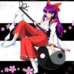  1girl bow detached_sleeves flower full_body gohei hair_bow hakama hakama_pants hakurei_reimu hakurei_reimu_(pc-98) highres japanese_clothes kimono long_hair long_sleeves miko no_shoes orb pants purple_hair red_bow red_hakama red_pants sitting tabi touhou touhou_(pc-98) violet_eyes white_kimono white_legwear wide_sleeves yagi10 yin_yang yin_yang_orb 