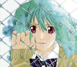  1girl album_cover bangs beige_cardigan black_bow bow cardigan collared_shirt cover crying crying_with_eyes_open ebata_risa eyebrows_behind_hair fence floating_hair green_hair macross macross_frontier official_art rain ranka_lee school_uniform shirt short_hair solo tears violet_eyes 