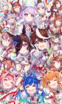  6+girls ^_^ absurdres ahoge animal_ears arms_behind_head arms_up ascot bangs black_hair blue_hair blue_headwear braid brown_hair clenched_hand clenched_hands closed_eyes closed_mouth confetti cosplay daiwa_scarlet_(umamusume) dot_nose ear_bow english_commentary glint gloves gold_ship_(umamusume) grey_hair grin hair_intakes hair_over_one_eye hairband haru_urara_(umamusume) hat hatsuga_(dmaigmai) headband heart heart_hands highres horse_ears index_finger_raised jacket kitasan_black_(umamusume) long_hair looking_at_viewer mayano_top_gun_(umamusume) mejiro_mcqueen_(umamusume) mihono_bourbon_(umamusume) multicolored_hair multiple_girls nice_nature_(umamusume) oguri_cap_(umamusume) one_eye_closed open_mouth orange_hair ponytail puffy_short_sleeves puffy_sleeves purple_hair red_ascot red_eyes red_skirt rice_shower_(umamusume) satono_diamond_(umamusume) sharp_teeth short_sleeves silence_suzuka_(umamusume) skirt smile special_week_(umamusume) streaked_hair super_creek_(umamusume) symboli_rudolf_(umamusume) tamamo_cross_(umamusume) teeth tiara tokai_teio_(umamusume) twin_turbo_(umamusume) two-tone_hair umamusume upper_body v-shaped_eyebrows vest violet_eyes vodka_(umamusume) white_gloves white_jacket white_vest yellow_eyes 