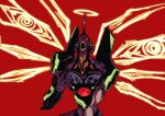  eva_01 halo hand_up highres mecha multiple_wings neon_genesis_evangelion no_humans open_mouth patrik_junior red_background simple_background solo spread_wings wings 