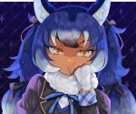  1girl animal_ears blue_hair dire_wolf_(kemono_friends) gloves highres kedama_(ughugjydthjdf) kemono_friends kemono_friends_v_project long_hair looking_at_viewer necktie shirt simple_background skirt solo tail virtual_youtuber wolf_ears wolf_girl wolf_tail yellow_eyes 