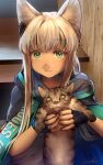  1girl :3 absurdres animal animal_ears arknights black_cape black_gloves black_wristband cape cat cat_ears earpiece eyebrows_visible_through_hair fingerless_gloves gloves green_eyes grey_hair highres holding holding_animal holding_cat infection_monitor_(arknights) long_hair looking_at_viewer rosmontis_(arknights) shirt sidelocks signature sitting smile solo upper_body welt_(kinsei_koutenkyoku) white_shirt 
