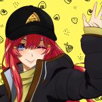  1girl ;) absurdres baseball_cap black_coat black_headwear blue_eyes closed_mouth coat floating_hair go-toubun_no_hanayome hair_ornament hat highres long_hair long_sleeves makeup mascara nakano_itsuki one_eye_closed open_clothes open_coat redhead shippaidayo sleeves_past_wrists smile solo star_(symbol) star_hair_ornament sweater upper_body yellow_background yellow_sweater 