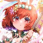  1girl alternate_costume animal_ears axe bangs blush bright_pupils close-up closed_mouth eyebrows_visible_through_hair fake_animal_ears fire_emblem fire_emblem:_mystery_of_the_emblem fire_emblem_heroes flower hair_between_eyes hair_flower hair_ornament highres holding holding_axe holding_weapon light_rays looking_at_viewer maria_(fire_emblem) nakabayashi_zun official_alternate_costume portrait puffy_short_sleeves puffy_sleeves rabbit_ears red_eyes redhead shiny short_hair short_sleeves simple_background solo weapon 
