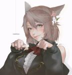  1girl animal_ears aqua_bow artist_name bare_shoulders bow braid brown_hair cat_ears closed_mouth commission eyebrows_visible_through_hair facial_mark final_fantasy final_fantasy_xiv fingernails flower frills green_eyes hair_between_eyes hair_flower hair_ornament highres light_brown_hair mayak666 medium_hair miqo&#039;te mole mole_under_eye paw_pose pink_flower pink_lips signature simple_background sleeves_past_wrists solo whisker_markings white_background white_flower 