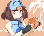  1girl 34_(sanjushi) :t ace_trainer_(pokemon) blush brown_eyes brown_hair closed_mouth eating fingerless_gloves food gloves holding holding_food long_hair looking_at_viewer pokemon pokemon_(game) pokemon_sm solo tree visor_cap 