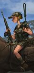  1girl absurdres assault_rifle belt blonde_hair blue_sky boots brown_footwear camouflage camouflage_headwear camouflage_jacket camouflage_shorts combat_boots commentary_request day english_commentary freckles green_headwear green_jacket green_legwear green_shorts gun hair_bun hat highres holding holding_gun holding_weapon horse horseback_riding jacket korean_commentary looking_to_the_side military military_hat military_uniform mixed-language_commentary on_animal original outdoors patrol_cap pouch riding rifle rifleman1130 short_hair short_sleeves shorts sitting sky socks solo tied_hair uniform utility_belt war weapon weapon_on_back weapon_request 